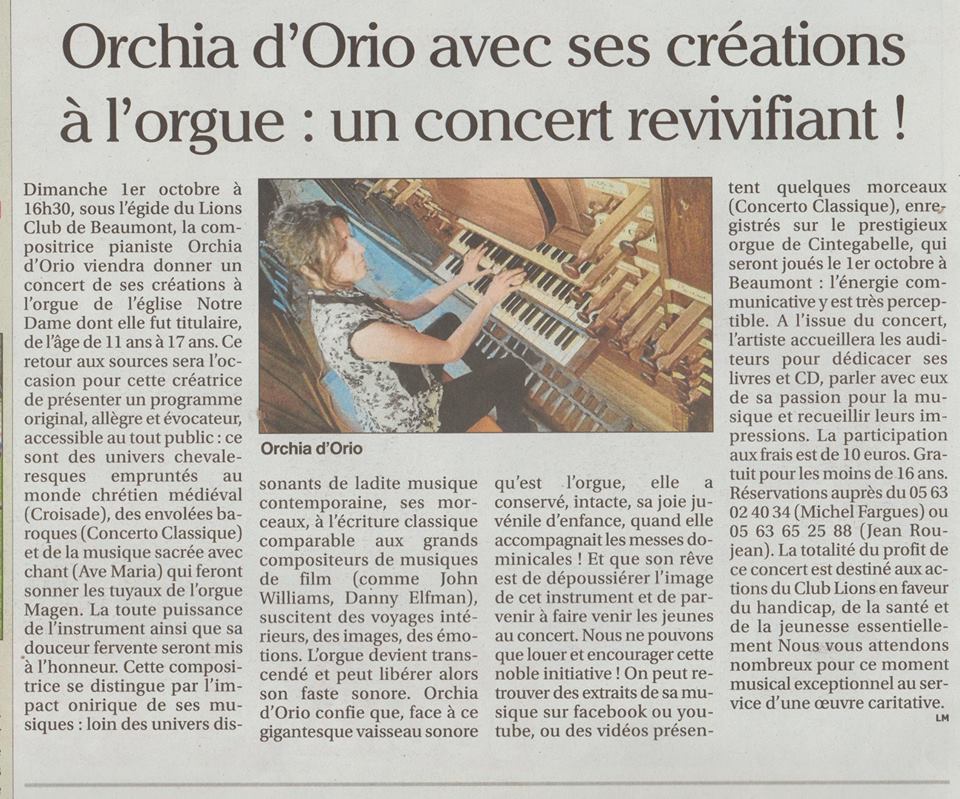 Orchia d'Orio avec ses créations à l'orgue : un concert revivifiant !